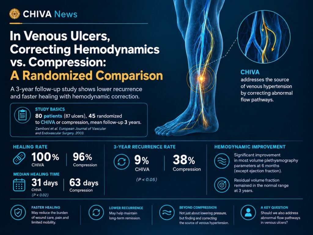 3-Year Ulcer Recurrence: 9% vs. 38%：A Randomized Comparison of Hemodynamic Correction and Compression in Venous Ulcers