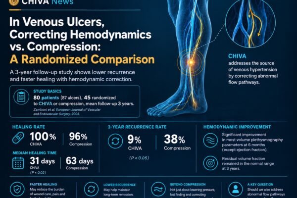 3-Year Ulcer Recurrence: 9% vs. 38%：A Randomized Comparison of Hemodynamic Correction and Compression in Venous Ulcers